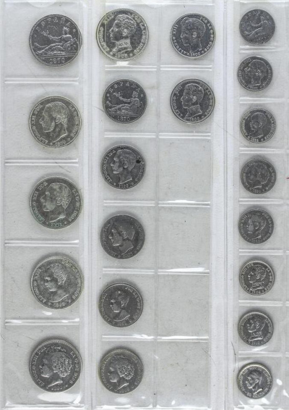 PESETA SYSTEM: LOTS
Lote 21 monedas 50 Centimos (8), 1 (7), 2 Pesetas (6). 1869...