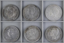 PESETA SYSTEM: LOTS
Lote 6 monedas 5 Pesetas. 1871 a 1892. AMADEO I, ALFONSO XII y ALFONSO XIII (4). Incluye: 1871 (*18-74), 1875, 1888 M.P.-M, 2x 18...