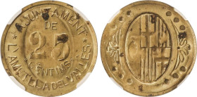 PESETA SYSTEM: LOCAL ISSUES OF THE CIVIL WAR
25 Cèntims. Aj. de L´ AMETLLA DEL VALLÈS. Encapsulada por NGC como UNC DETAILS (CORROSION) (nº 5935275-0...