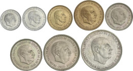 PESETA SYSTEM: ESTADO ESPAÑOL
Serie 8 monedas 10 Céntimos a 100 Pesetas. (*70). En tira original F.N.M.T. PRUEBAS.