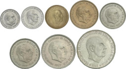 PESETA SYSTEM: ESTADO ESPAÑOL
Serie 8 monedas 10 Céntimos a 100 Pesetas. (*71). En tira original F.N.M.T. La de 100 Pesetas (*19-70). PRUEBAS.