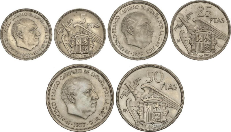 PESETA SYSTEM: ESTADO ESPAÑOL
Serie 3 monedas 5, 25 y 50 Pesetas. 1957. (*BA). ...
