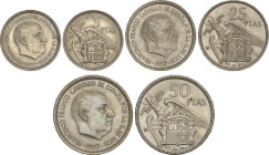 PESETA SYSTEM: ESTADO ESPAÑOL
Serie 3 monedas 5, 25 y 50 Pesetas. 1957. (*BA). I Exposición Iberoamericana de Numismática y Medallística. Barcelona. ...