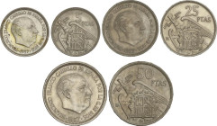 PESETA SYSTEM: ESTADO ESPAÑOL
Serie 3 monedas 5, 25 y 50 Pesetas. 1957 (*BA). I Exposición Iberoamericana Numismática y Medallística. Barcelona. EBC-...