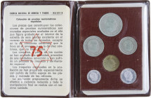 PESETA SYSTEM: ESTADO ESPAÑOL
Lote 4 series 6 monedas 10 Céntimos a 50 Pesetas. (*75). En carteritas originales F.N.M.T. (Algunos aluminios con posib...