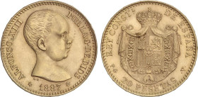 PESETA SYSTEM: OFFICIAL RESTRIKES
20 Pesetas. 1887 (*19-62). P.G.-V. (Leves golpecitos). SC-.