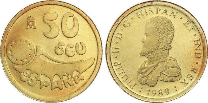 PESETA SYSTEM: ECU ISSUES
50 Ecu. 1989. 17,26 grs. AU. Felipe II. En estuche or...