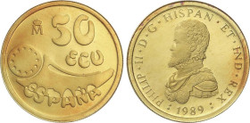PESETA SYSTEM: ECU ISSUES
50 Ecu. 1989. 17,26 grs. AU. Felipe II. En estuche original con certificado. FDC.