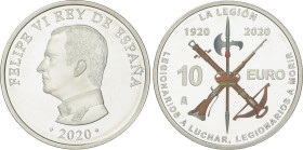 PESETA SUSTEM: FELIPE VI
10 Euro. 2020. CENTENARIO DE LA LEGIÓN ESPAÑOLA. AR. En estuche original con certificado. Tirada: 6.000 piezas. PROOF.