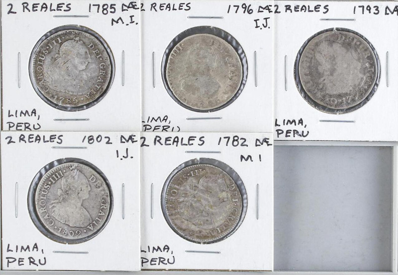 LOTS AND COLLECTIONS
Lote 5 monedas 2 Reales. 1782, 1785, 1793, 1796 y 1802. CA...