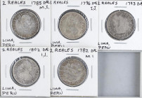 LOTS AND COLLECTIONS
Lote 5 monedas 2 Reales. 1782, 1785, 1793, 1796 y 1802. CARLOS III y CARLOS IV. LIMA. A EXAMINAR. BC+ a MBC-.