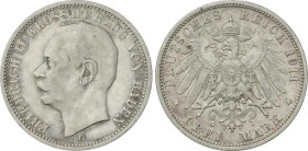 WORLD COINS: GERMAN STATES
3 Mark. 1911-G. FRIEDRICH II. BADEN. 16,5 grs. AR. (Leves golpecitos). KM-280. MBC/MBC+.