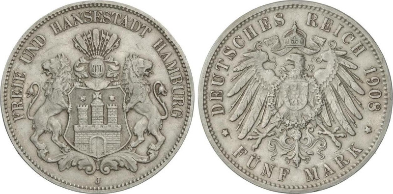 WORLD COINS: GERMAN STATES
5 Mark. 1908-J. HAMBURG. 27,59 grs. AR. (Pequeños go...