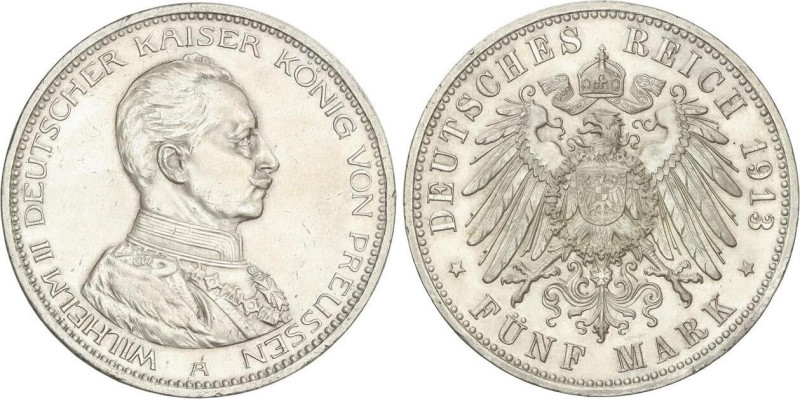 WORLD COINS: GERMAN STATES
5 Mark. 1913-A. WILHELM II. PRUSSIA. 27,73 grs. AR. ...