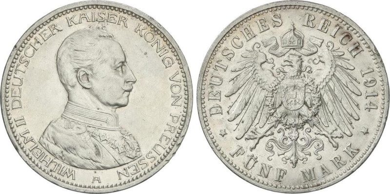 WORLD COINS: GERMAN STATES
5 Mark. 1914-A. WILHELM II. PRUSSIA. 27,72 grs. AR. ...