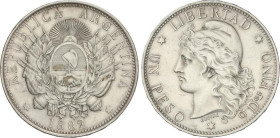 WORLD COINS: ARGENTINA
1 Peso. 1882. 24,88 grs. AR. (Algo limpiada, leves rayitas). ESCASA. KM-29. EBC-.