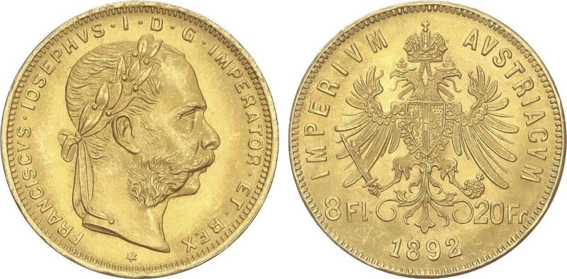 WORLD COINS: AUSTRIA
8 Florin-20 Francs. 1892. FRANZ JOSEPH I. 6,42 grs. AU (90...