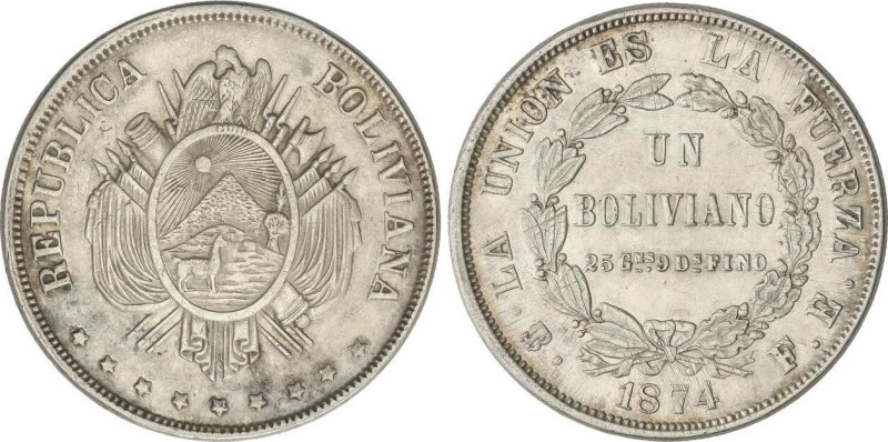 WORLD COINS: BOLIVIA
1 Boliviano. 1874. POTOSÍ. F.E. 25,05 grs. AR. KM-160.1. E...