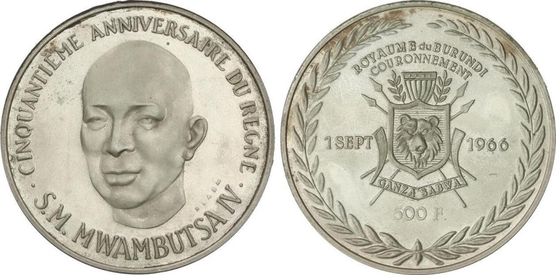 WORLD COINS: BURUNDI
500 Francos. (1966). 20,26 grs. Ve. 50 aniversario reinado...