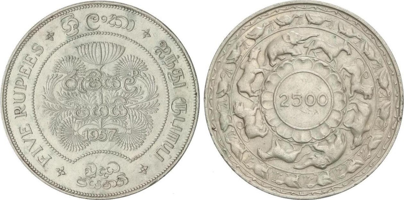 WORLD COINS: CEYLON - SRI LANKA
5 Rupees. 1957. 28,2 grs. AR. 2500 años del Bud...