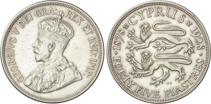 WORLD COINS: CYPRUS
45 Piastres. 1928. GEORGE V. 28,14 grs. AR. 50 aniversario ...