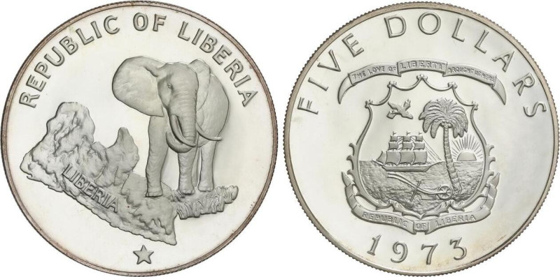 WORLD COINS: LIBERIA
5 Dollars. 1973. AR. Elefante. En presentación de Metacril...