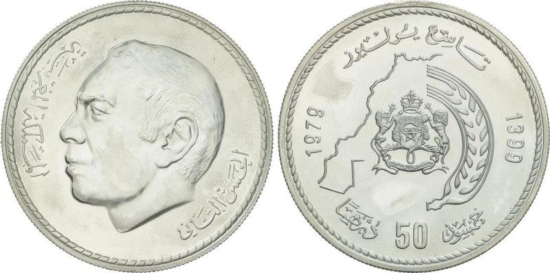 WORLD COINS: MOROCCO
50 Dirhams. 1979. 35,47 grs. AR. 50 aniversario rey Hassan...