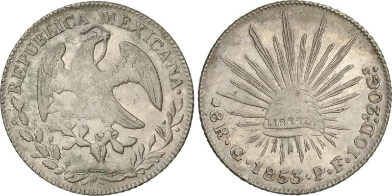 WORLD COINS: MEXICO
8 Reales. 1853-Go. GUANAJUATO. P.F. 27,09 grs. AR. KM-377.8...