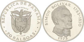 WORLD COINS: PANAMA
20 Balboas. 1973. 131,08 grs. AR. Simón Bolivar. En estuche original con certificado. KM-31. PROOF.