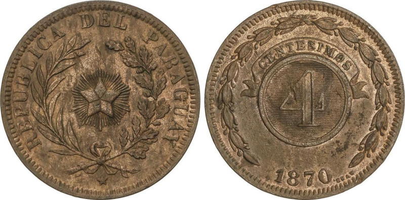 WORLD COINS: PARAGUAY
4 Centesimos. 1870. 19,6 grs. AE. Pátina irregular, resto...