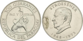 WORLD COINS: PARAGUAY
300 Guaranies. 1973. 26,73 grs. AR. Stroessner 1968-1973. Centenario de la Epopeya Nacional. (Manchita). KM-29. SC.