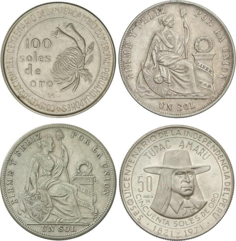WORLD COINS: PERU
Lote 4 monedas 1 Sol (2), 50 y 100 Soles de oro. 1869, 1926, ...