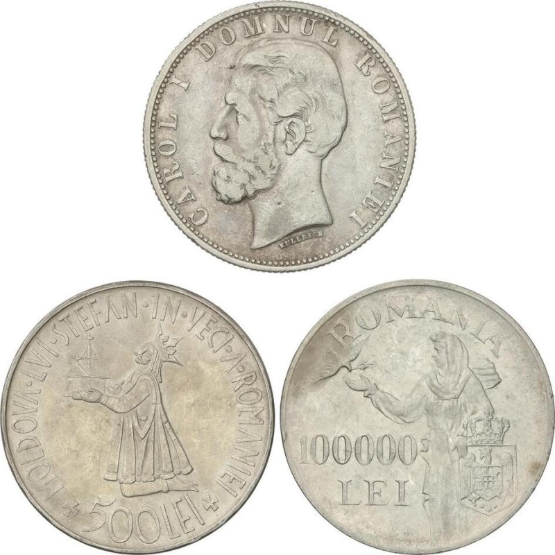 WORLD COINS: ROMANIA
5, 500 y 100.000 Lei. 1881, 1941 y 1946. CAROL I y MIHAI I...
