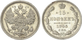 WORLD COINS: RUSSIA
15 Kopeks. 1905. NICHOLAS II. 2,89 grs. AR. Y-21a2. EBC/EBC-.