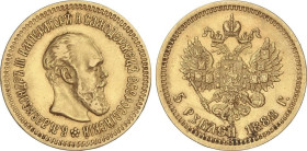 WORLD COINS: RUSSIA
5 Roubles. 1888-[[d6a3]]. ALEXANDER III. SAINT PETERSBURG. 6,4 grs. AU (900). (Golpecitos y rayitas). Bitkin-27; Fr-168; Y-42. MB...