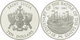 WORLD COINS: SAINT LUCIA
10 Dollars. 1982. 28,19 grs. AR. 200th Aniv. Battle of the Saints. Tirada máxima: 2.500 piezas. KM-12a. PROOF.