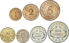 WORLD COINS: SEYCHELLES
Set 7 monedas 1 Cent a 1 Rupee. 1969. AE, AlBr, CuNi. PROOFSET en estuche original. Tirada 5.000 estuches. KM-PS2. PROOF.