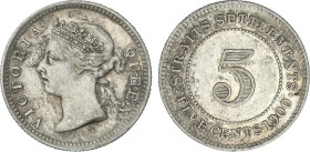 WORLD COINS: STRAITS SETTLEMENTS
5 Cents. 1900. VICTORIA. AR. KM-10. EBC.