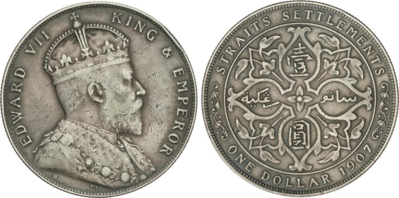 WORLD COINS: STRAITS SETTLEMENTS
1 Dollar. 1907-H. EDWARD VII. HEATEN. 20,13 gr...