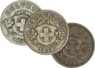 WORLD COINS: SWITZERLAND
Lote 3 monedas 20 Rappen. 1850, 1858, 1859. Ve. A EXAMINAR. KM-7. BC+ a MBC.