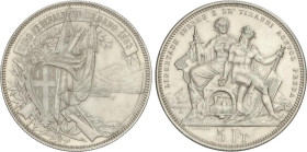 WORLD COINS: SWITZERLAND
5 Francs. 1883. FESTIVAL DE TIRO: LUGANO. 24,95 grs. AR. (Pequeñas rayitas). ESCASA. KM-X-S16. EBC-.