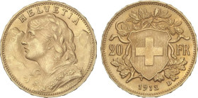 WORLD COINS: SWITZERLAND
20 Francs. 1912-B. BERNA. 6,43 grs. AU (900). Helvetia. (Ínfimos golpecitos). Fr-499; KM-35.1. SC-.