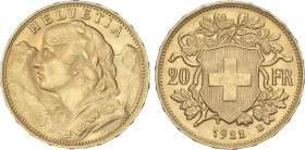 WORLD COINS: SWITZERLAND
20 Francs. 1922-B. BERNA. 6,45 grs. AU (900). Helvetia. (Leves golpecitos). Fr-499; KM-35.1. SC-.