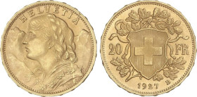 WORLD COINS: SWITZERLAND
20 Francs. 1927-B. BERNA. 6,44 grs. AU (900). Helvetia. (Golpe en campo del anverso). Fr-499; KM-35.1. SC-/SC.