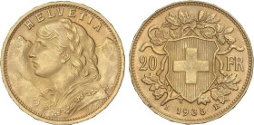 WORLD COINS: SWITZERLAND
20 Francs. 1935-B. BERNA. 6,43 grs. AU (900). Helvetia. Fr-499; KM-35.1. SC-.