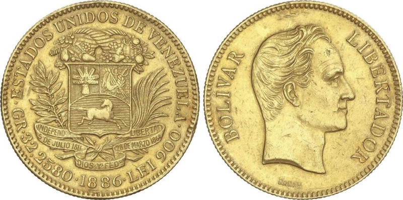 WORLD COINS: VENEZUELA
100 Bolívares. 1886. 32,16 grs. AU (900). Simon Bolívar....