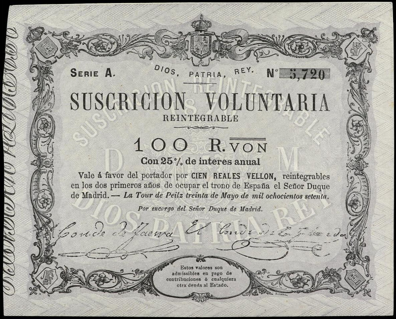 SPANISH BANK NOTES: ANCIENT
100 Reales de Vellón. 30 Mayo 1870. CARLOS VII PRET...