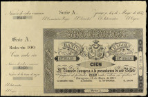 SPANISH BANK NOTES: ANCIENT
100 Reales de Vellón. 14 Mayo 1857. BANCO DE ZARAGOZA. Serie A. Con matriz y sin firmas. Ed-126B. EBC.