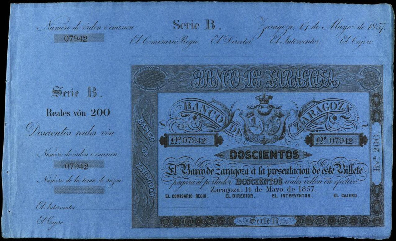 SPANISH BANK NOTES: ANCIENT
200 Reales de Vellón. 14 Mayo 1857. BANCO DE ZARAGO...