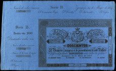 SPANISH BANK NOTES: ANCIENT
200 Reales de Vellón. 14 Mayo 1857. BANCO DE ZARAGOZA. Serie B. Sin firmas. Con matriz. Ed-127B. EBC.